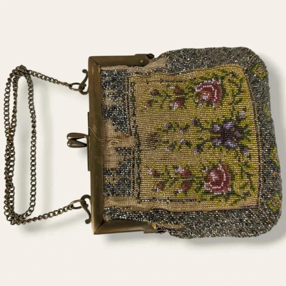 Antique Floral Micro Beaded Victorian Women's Purse with Suede Lining - Picture 3 of 12